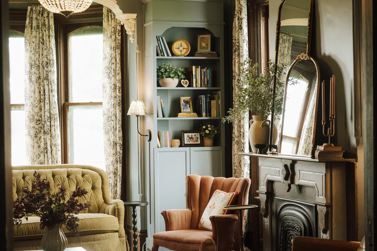 Blue-green bookshelves beside an antique fireplace, a velvet sofa, and a coral wingback chair
